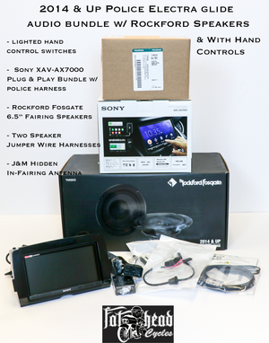 Fat Head Cycles Harley-Davidson Custom Audio With Hand Controls, With Rockford Speakers ‘14-'20 Police Electra Glide (FTHTP) Sony XAV-AX7000 Plug & Play Audio Bundle
